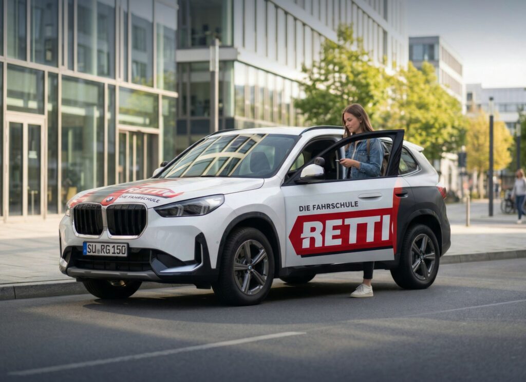 Eine Frau steigt aus einem weißen Fahrschul-SUV mit der Aufschrift „DIE FAHRSCHULE RETTIG“ aus